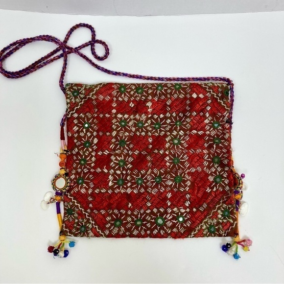 Vtg Boho Mirrored Embroidered Embellished Indian Envelope Crossbody Bag Dowry OS - Picture 4 of 15